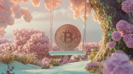 Bitcoin coin with friendly face on swing in garden