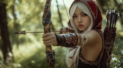 An Asian female cosplayer dressed as a fantasy archer, intricately designed and leather armor with metal accents. He was holding a crossbow AI generated image