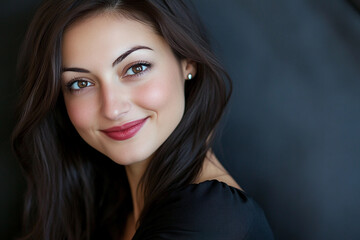Naklejka premium Smiling woman with dark hair poses against black background