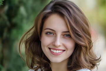 Naklejka premium Portrait of a smiling young woman in a natural setting