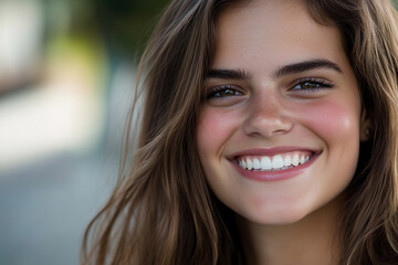 Obraz premium Joyful young woman smiling outdoors in natural light