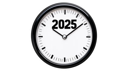 Clock showing 2025 in a black and white design, isolated on a transparent PNG background