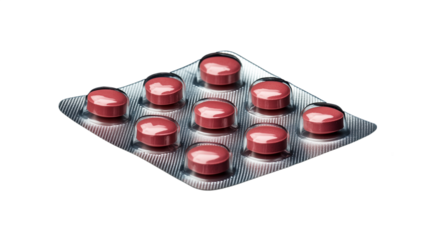 Blister pack of red pills isolated on a transparent PNG background, ideal for medical and pharmaceutical concepts