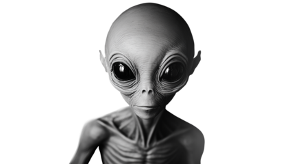 Alien figure with large black eyes, isolated on a transparent PNG background, associated with UFO and extraterrestrial themes