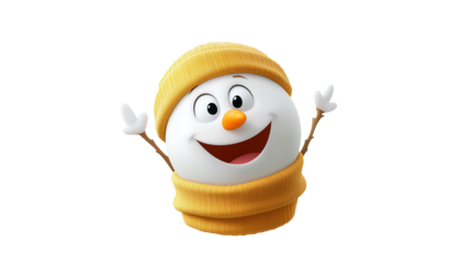 Cheerful snowman with a yellow beanie and scarf, isolated on a transparent PNG background, cartoon animation style
