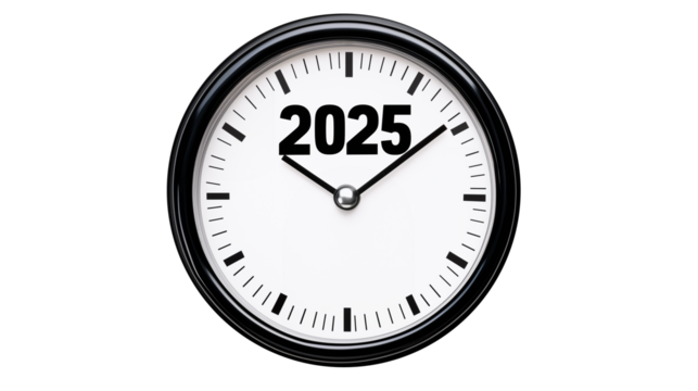 Clock showing 2025 in a black and white design, isolated on a transparent PNG background