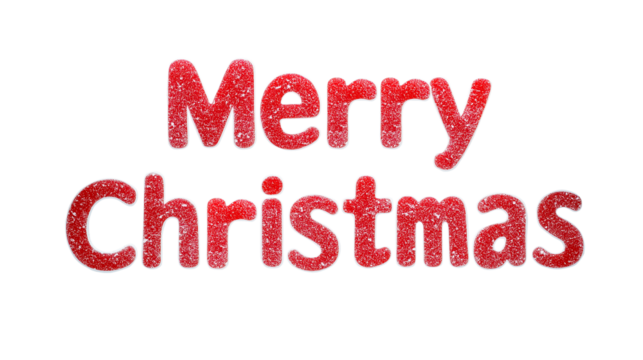 Merry Christmas text with red glitter effect, isolated on a transparent PNG background, perfect for holiday designs
