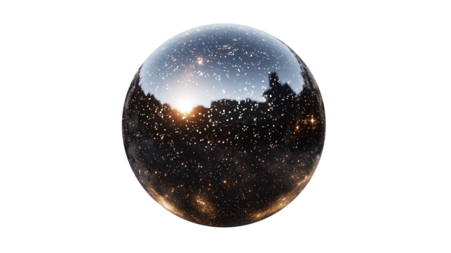 Reflective sphere with a galaxy and starry effect, isolated on a transparent PNG background, ideal for cosmic themes