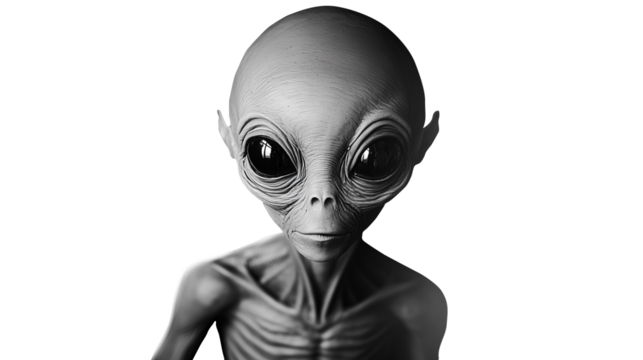 Alien figure with large black eyes, isolated on a transparent PNG background, associated with UFO and extraterrestrial themes