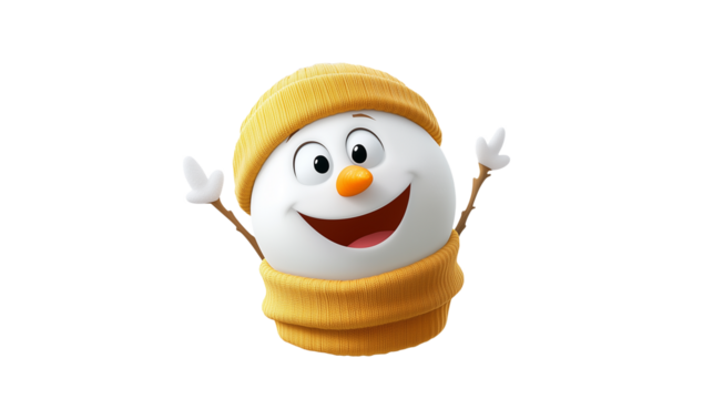 Cheerful snowman with a yellow beanie and scarf, isolated on a transparent PNG background, cartoon animation style