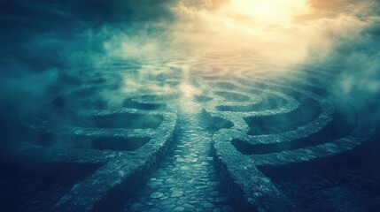 Obraz premium A path leading into the unknown in a labyrinth, with fog swirling around, illustrating uncertainty and the search for solutions.