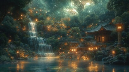 Obraz premium Enchanting waterfall, lanterns illuminate a serene temple nestled in a mystical forest.