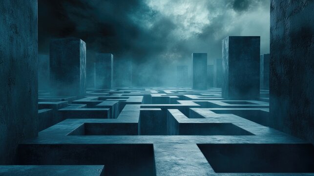 A surreal, endless labyrinth set against a dark sky, with winding paths symbolizing an ongoing journey of discovery and self-improvement.