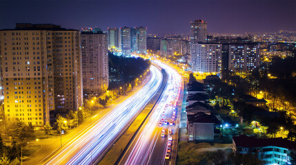 Fototapeta premium Night cityscape with illuminated streets and modern high-rise buildings, showcasing urban life and vibrant activity during the evening hours.