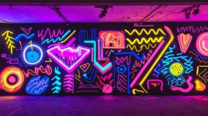 Fototapeta premium Vibrant Fluorescent Motifs in Various Shapes on Urban Wall