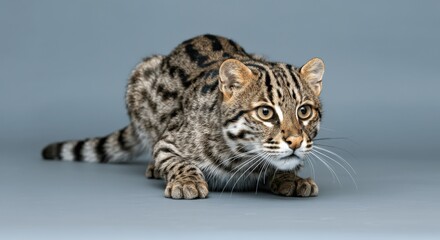 Naklejka premium Close-up of an alert fishing cat in a natural stalking pose on gray background