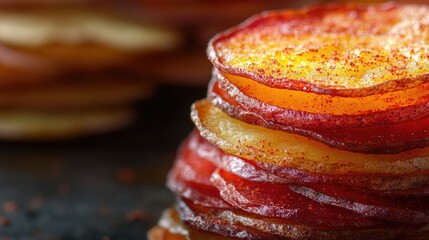 Layers of potato chips seasoned with paprika create a visually appealing and tasty snack experience perfect for sharing