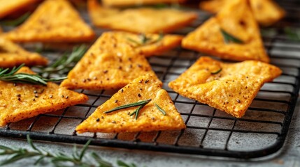 Crispy and golden homemade baked chips rest on a cooling rack exuding a healthy charm with fresh seasoning visible on top