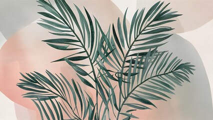 Abstract geometric watercolor palm leaf poster. Modern minimal illustration with palm leaf and hand drawn texture for minimalist print, cover, boho wall decor, mid century design, trendy art
