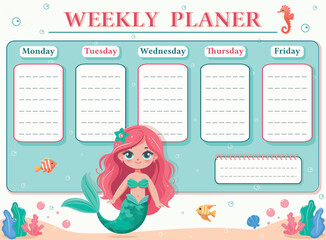 A weekly planer for a student. School Time Table Template with a sweet and beautiful mermaid on white background. Vector illustration in flat cartoon style