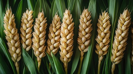 Multiple healthy wheat sprouts stand side by side illustrating vibrant green leaves and strong growth in an agricultural field