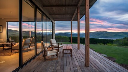 Fototapeta premium Wooden chairs and coffee table on porch near modern glass house with view on scenic landscape