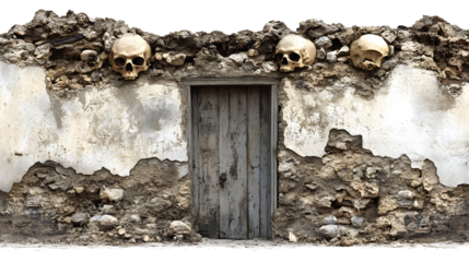 A wall with skulls and a door