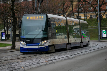 Obraz premium electrical railway tramway in city Riga, Latvia