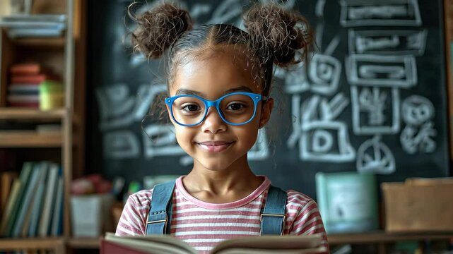  Adorable Mixed-Race Girl with Glasses Reading a Book in a Bright Classroom, Symbolizing Curiosity, Education, and Multicultural Representation in Playful and Soft Hues