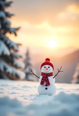A snowman with a red hat and scarf stands in a snowy forest at sunset.
