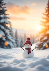 A snowman with a red hat and scarf stands in a snowy forest at sunset.