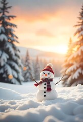 A snowman with a red hat and scarf stands in a snowy forest at sunset.