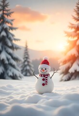 A snowman with a red hat and scarf stands in a snowy forest at sunset.