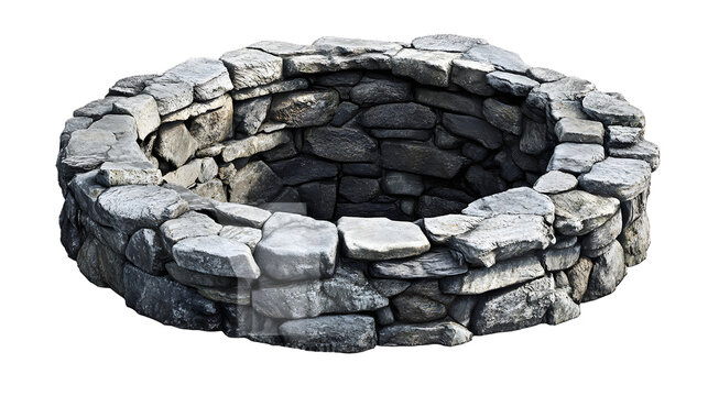 A large stone fire pit with a stone wall surrounding it