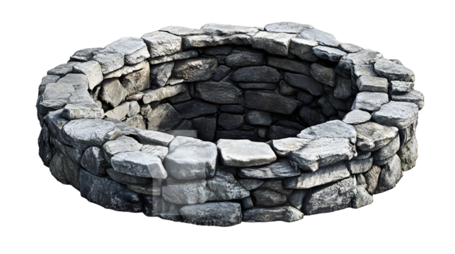 A large stone fire pit with a stone wall surrounding it