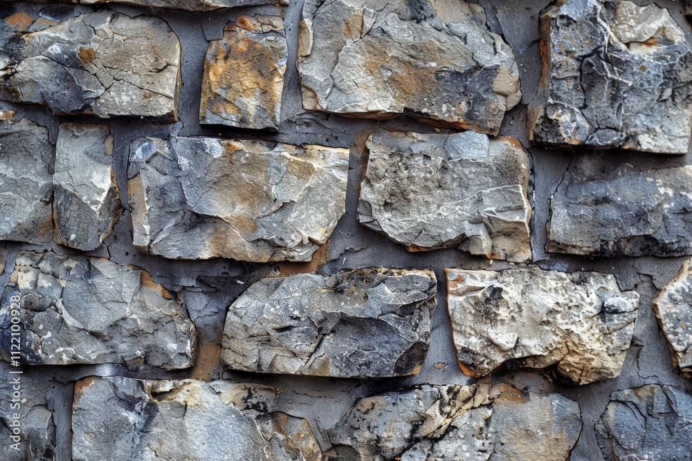 Poster Textured stone wall featuring various shapes and colors in natural hues, creating a rustic and earthy appearance for architectural design elements