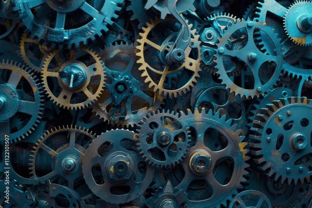 Poster Intricate arrangement of rusty gears and cogs displaying vintage mechanical engineering elements in an industrial setting