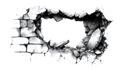 A black and white drawing of a wall with a hole in it