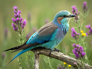 Obraz premium Lilac-breasted roller perched on a branch with vibrant feathers and colorful plumage
