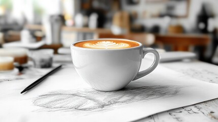 A delicate coffee cup rests on a table surrounded by soft sketches creating a calm and artistic atmosphere in a delightful café