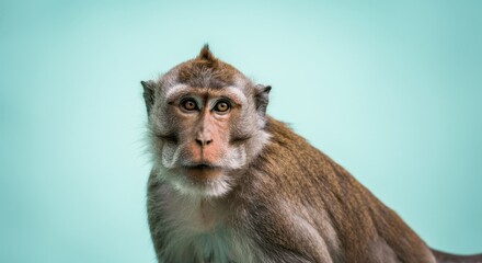 Fototapeta premium Portrait of a long-tailed macaque against a soft blue background