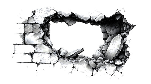A black and white drawing of a wall with a hole in it