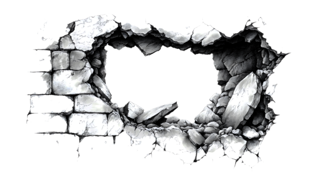 A black and white drawing of a wall with a hole in it