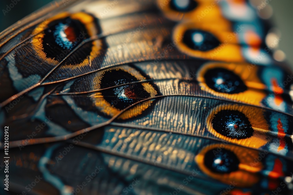 Poster Close-up view of a butterfly wing showcasing intricate patterns and vibrant colors in nature during a sunny day