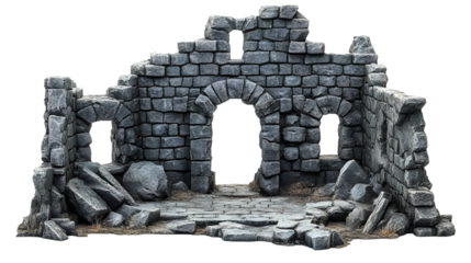 A crumbling stone building with a large archway