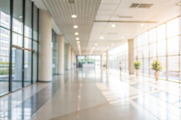 blurred view inside airport long hallway glass windows, transportation travel indoors building