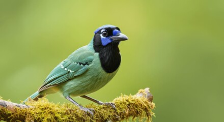 Vibrant green jay perched on mossy branch in serene nature setting