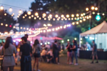 blurry night market many people lights, tents drinks shopping stalls