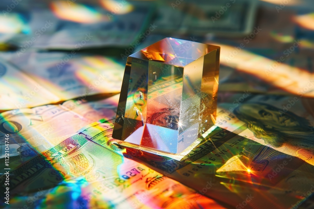 Poster Colorful prism refracting light over scattered dollar bills creating a captivating visual display in an indoor setting