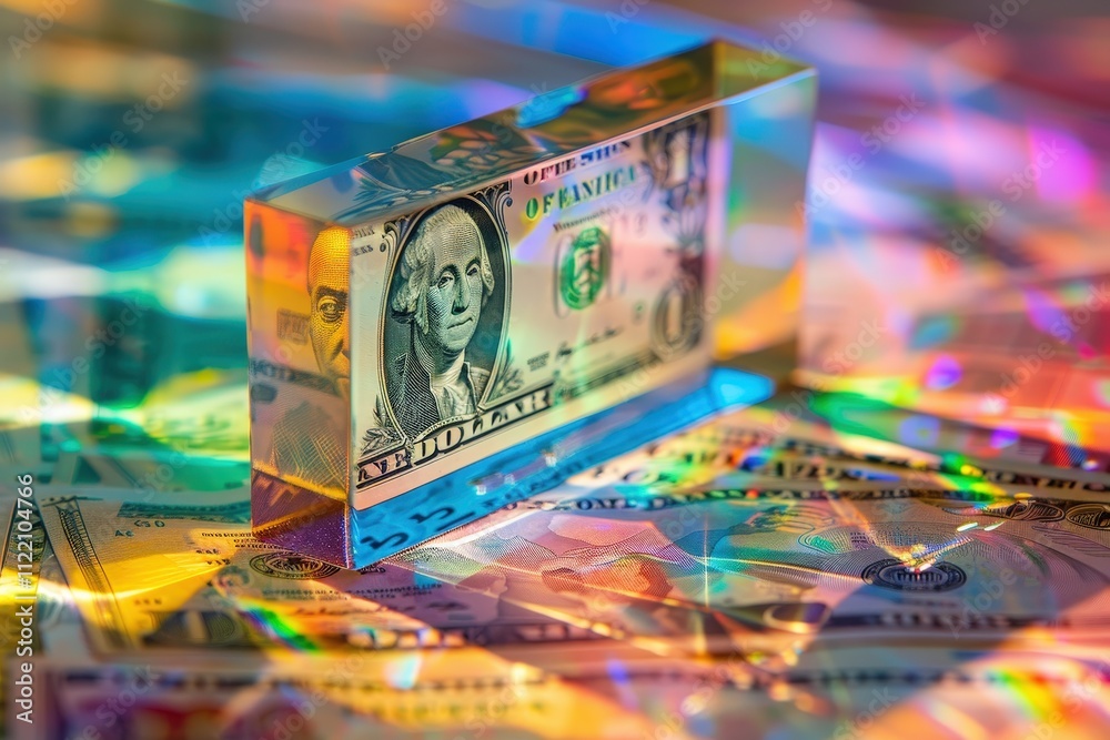 Poster Colorful prism refracting light over scattered dollar bills creating a captivating visual display in an indoor setting